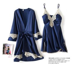 Women039s Sleepwear Navy Blue 2PCS Robe Set Women Lace Home Clothing Intimate Lingerie Satin Casual Nightgown Sexy Nightwear Sl1366129