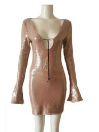 Sexy In Luxury Sequins Draw String Metal V Neck Long Sleeve Bodycon Mini Dress Elegant Party Evening Club Dresses 240509