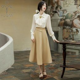 Work Dresses YOSIMI Women 2 Piece Outfits 2024 Autumn Long Sleeve White Shirt Bow Neck Blouse And Khaki Mid-calf Skirt Office Lady Set