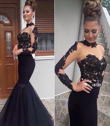 Stylish High Neck Prom Dresses Sexy See Through Tulle Mermaid Long Prom Party Dress Glamorous Appliques Long Sleeve Zipper Evening8568129