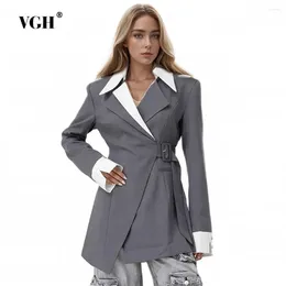 Women's Suits VGH Hit Colour Patchwork Belt Blazers For Women Notched Collar Long Sleeve Spliced Pockets Temperament Tunic Blazer Female