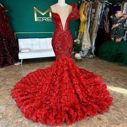 Sparkly Red Mermaid Prom Dresses 2024 Rose Train Black Girls Birthday Party Outfit Sequin robes de soiree