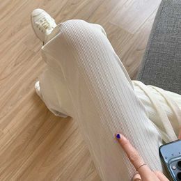 Women's Pants Capris Summer Thin Cool Ice Silk Wide-Leg Pants Womens Summer High Waist Elastic Drawstring Drape Loose White Straight Casual Pants Y240509