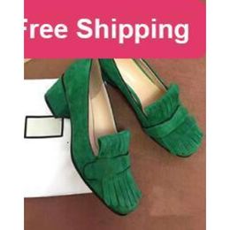 Tassels Round Toe Chunky Heels Woman Shoes Metal buckle Genuine Leather Fashion Women High Heel Shoes Gold Orange Red Green Ladies Pumps ggitys C8XC