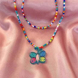 Pendant Necklaces Double Layer Beads Butterfly Ethnic Style Summer Bohemian Necklace Women Colorful Rice Bead Beach Jewelry