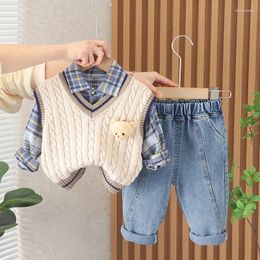 Clothing Sets Childrens Sweat Set Korean Baby Boy Clothes 9 To 12 Months Cartoon Knitted Vest Plaid Shirts Pants 3PCS Kids Boys Outfit
