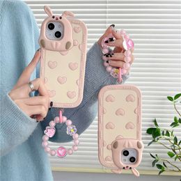 Cute Pink Love Rabbit Bracelet Hanging Silicone Suitable for iPhone 14 Pro Max Phone Case iPhone 15 Plus 11/12/13 phone case
