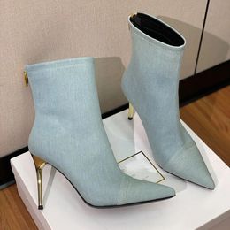 Stiletto Denim ankle boots point toes Heel zip Fashion Boots Leather outsole Half Boots for women luxury designer shoes factory footwear With original box