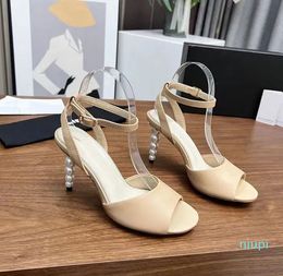 Designer pure Colour high-heele Sandals classic leather Sexy Casual Outside Shoes lady strappy pearl heel sandal