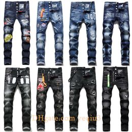 Herren Jeans Männer Jean Hip Hop Pants Street Trend Reißverschluss Kette Dekoration Rippte Rips Stretch Black Fashion Slim Fit Wäsche Motocycle Denim getäfelte Hose Weihnachten Weihnachten