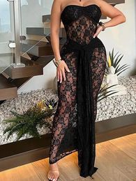 Casual Dresses Black Lace Flower Sexy Sheer Strapless Long Maxi Women See Through Party Y2K Club Birthday Dress 2024 Summer Vestidos