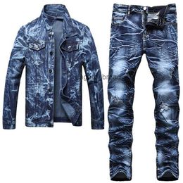 Casual Loose Mens 2 Piece Sets Irregular Tie Dye Long Sleeve Denim Jacket and Ripped Jeans Spring Autumn Size M-5XL Men Outfit