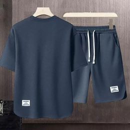 Tshirt Shorts Set Mens Summer Casual Outfit Oneck Short Sleeve with Elastic Drawstring Waist Wide Leg for Stylish 240426