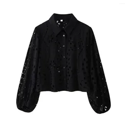 Women's Blouses Eyelet Embroidery Blouse Hollow Out Lace Shirt Black Color Short Top Summer Clothing