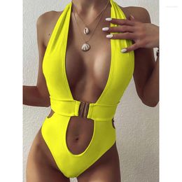 Women's Swimwear Fluorescent Yellow One Piece Swimsuit Women Solid Colour High Waist Hollow Out Belt Bikini Monokini 2024 Summer Beach