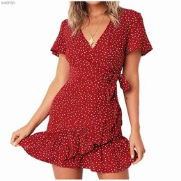 Basic Casual Dresses Womens fashionable chiffon pleated short sleeved printed bandage casual V-neck dress XW