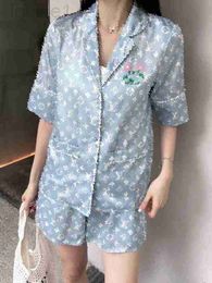 Women's Two Piece Pants Designer Brand Pajama style suit printed short sleeve shirt with elastic band shorts back floral LOGO embellish understatement TK5Q