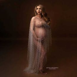 Maternity Dresses See Through Pearl Maternity Photography Props Cape Cloak Pearl Tulle Pregnancy Photo Shoot Long Cape T240509