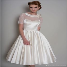 Knee Length Vintage Short Wedding Dresses With Short Sleeves High Neck Sheer Neck and Back 50s Informal Bridal Gowns Custom Made Sale 310j