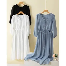 Casual Dresses Birdsky Women Dress V Neck Embroidery Flower Drawcord 7 Sleeve Real Mulberry Silk 3 Colors S-864