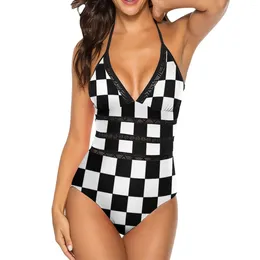 Women's Swimwear Chequered Black And White Sexy Mesh Patchwork One-Piece Swimsuit Female Monokini Bathing Suit Squares