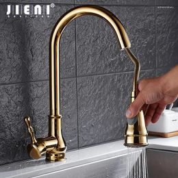 Kitchen Faucets JIENI Gold Plate Chrome Brass Swivel Pulll Out 2 Functions Spray Deck Mount Washbasin Faucet Mixer Vessel Sink Tap