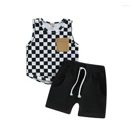 Clothing Sets Toddler Boys Summer Outfit Sleeveless Checkerboard Print Vest Solid Colour Drawstring Shorts