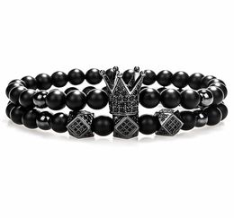 Crown Charm Bracelet 6mm Black Round Natural Stone Beads Cubic Micro Pave CZ Women Gold Bracelet Men Pulseira Bileklik4906630