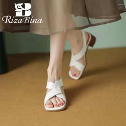 Dress Shoes RIZABINA Classic Women Sandals Genuine Cow Leather Square Toe Thick Sole Summer Buckle Strap Slingback Handmade