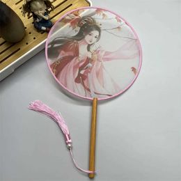 Chinese Style Products Chinese Round Hand Fan with Wooden Handle Portable Printed Vintage Silk Fan Ancient Tassel Dance Hand Fan Tang Suit Wedding