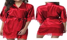 Sexy Lingerie Plus Size Satin Lace Kimono Sleepwear Robe Ladies Sexy belt Silk Night Dress Nighties Vneck Nightgown42561617042764