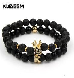 Fashion Handmade 2PcsLot CZ Crown Charm Couple Lava Stone Bead Bracelets Sets For Women Men Jewellery Bileklik Pulseira Masculina112274027