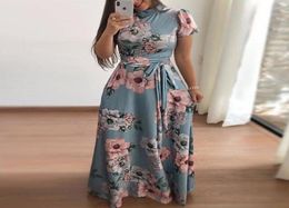 Casual Dresses Women Summer Maxi Dress 2021 Short Sleeve Boho Floral Print Long Turtleneck Bandage Elegant Party Vestidos4835257