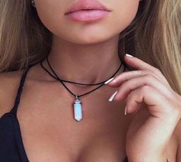 Whole Bullet Hexagonal Column Necklaces Natural Crystal Pendants Stone Pendant Leather Chains Necklace for Women Fashion Jewel7256528