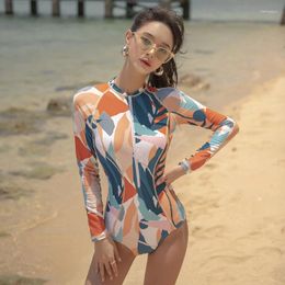 Women's Swimwear Sport Full Sleeve High-neck 1 Piece Swimsuit Women Female Printed Surfing Bathing Suit Fitness Zipper Diving 2024