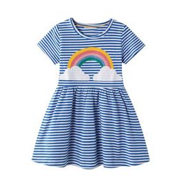 Girl's Dresses Little Maven 2024 Baby Girls Summer Cartoon Rainbow Stripe Casual Dress Cotton Childrens Clothing 2-7 YearsL2405