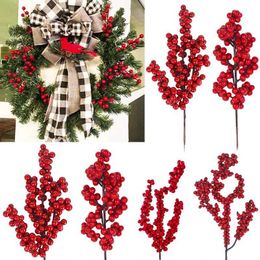 Decorative Flowers Wreaths 5/10Pcs Xmas Red Berries Branches Cherry Stamen Christmas Decorations For Home Tree DIY Wreath Garland Wedding Artificial Flower