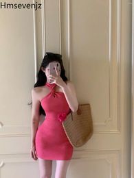 Casual Dresses Rose Red Hollow Halter Neck Knitted Sling Dress For Women Summer Sleeveless Open Back Sexy Tight Waist Wrap Hip Slim Short