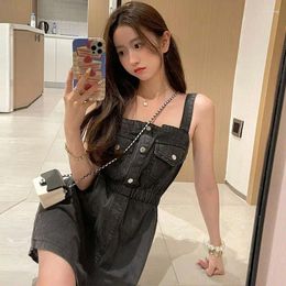 Casual Dresses Trendy Women's Black Denim Dress Elastic Waist Suspdener Clothing Vintage Style Jeans Clothes