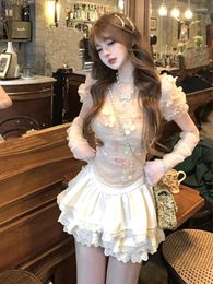 Work Dresses Summer Fashion Mini Skirt 2 Piece Set Y2K Sweet Slim Blouse Lace Stacked Birthday Suit Women Evening Party Clothes