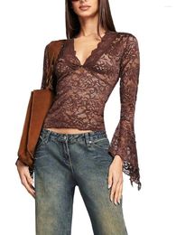 Women's T Shirts Crop Tops T-Shirt For Women Long Sleeve V Neck Lace See Through Solid Brown Pink Casual Ladies Street Summer Shirt