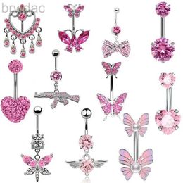 Navel Rings 1Pcs 14G Stainless Steel Butterfly Navel Belly Button Rings Women Fashion Belly Button Ring Piercing Body Piercings Jewellery Pink d240509