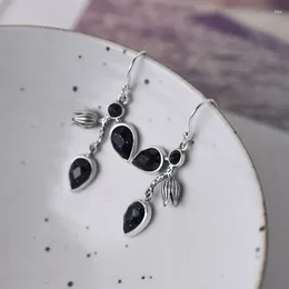 Dangle Earrings FNJ Leaf 925 Silver Pure Original S925 Sterling Drop Earring For Women Jewellery Rose Corundum Black Stone