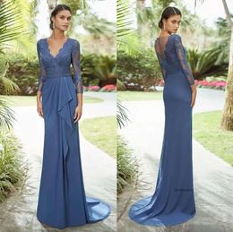 Dark Navy Lace Sheath Mother Of The Bride Dresses Long Sleeves V Neck Beaded Evening Gowns Sweep Train Chiffon Wedding Guest Dress 0509
