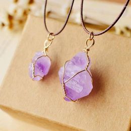 Pendant Necklaces 1PC Original Natural Crystal Stone Irregular Amethysts Purple Quartz Metal Chain Twisted Wire Necklace