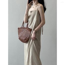 Casual Dresses Chinese Style Buckle Pleated Suspender Skirt For Women's 2024 Summer Loose Fitting Dress