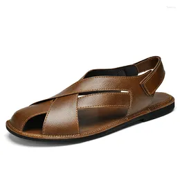 Sandals 2024 Flat Formal Dress Genuine Leather Men Casual Shoes Mens Breathable Slip On Driving Footwear Man Hole Designer