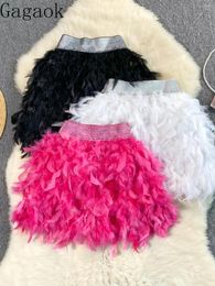 Skirts Gagaok Birthday Party Mini For Women Sweet Elegant Feather Patchwork High Waist Woman Skirt Outwear Fashion Bottoms