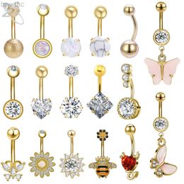 Navel Rings ZS 1 Piece Gold Colour Stainless Steel Belly Ring Flower Heart CZ Crystal Navel Belly Button Rings Butterfly Navel Piercings 14G d240509