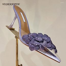 Slippers Clear PVC Baotou Women Crystal Flowers Decor Slip On Stilettos Sandals Fashion Design Sexy Lady Party Banquet Shoes
